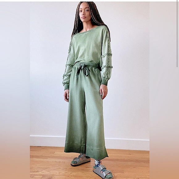 Anthropologie Saturday Sunday Green Ombre Cropped Wide Leg Sweat pant S - Picture 12 of 13